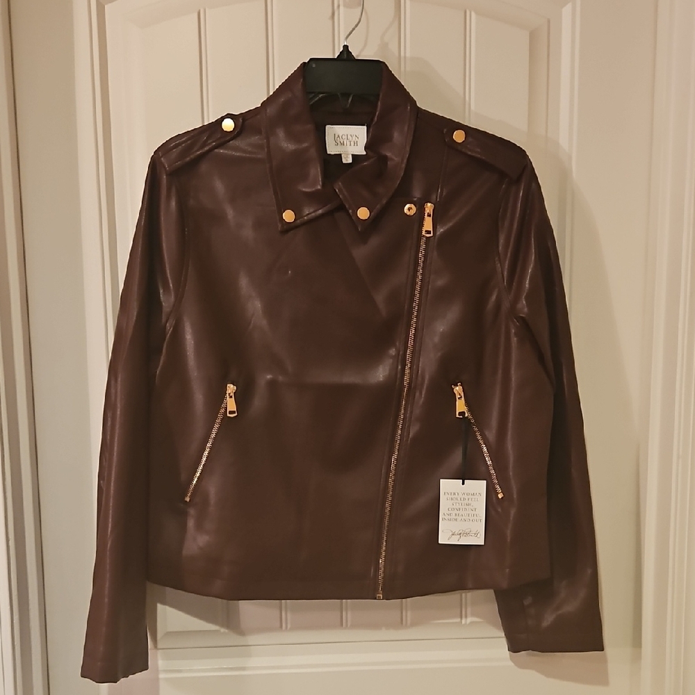 Jaclyn Smith Burgundy Leather Jacket with Gold Accents